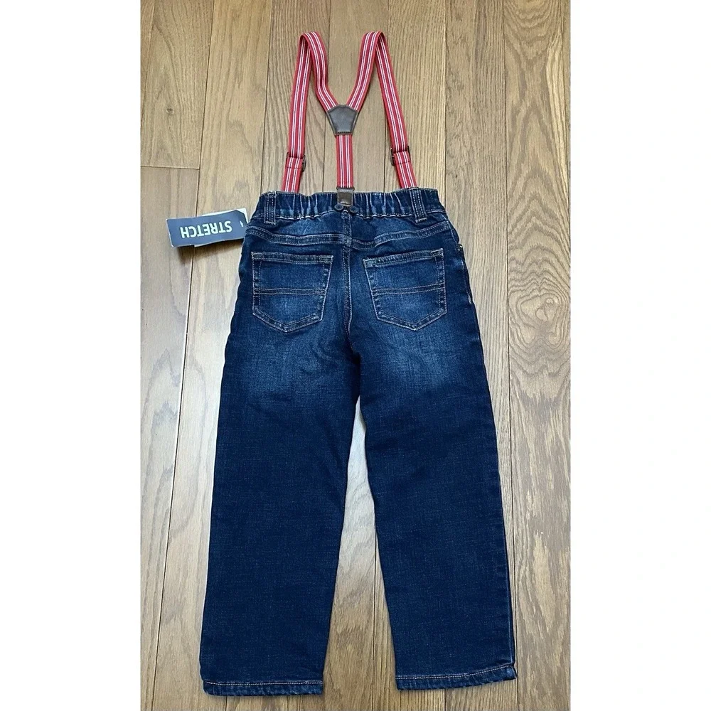 OshKosh B'gosh Boys 4T Lined Stretch  Jeans Red Suspenders Dark Wash NWT